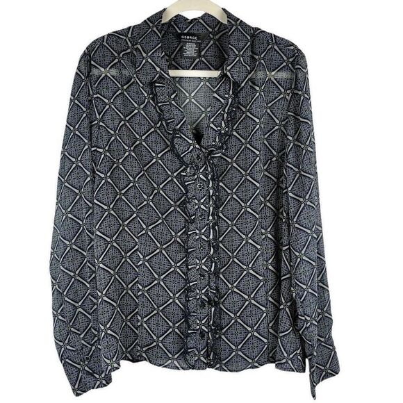 George Me By Mark Eisen Plaid Ruffle Button Down Blouse XL - Picture 1 of 12